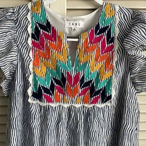 Striped, embroidered mini dress, size small